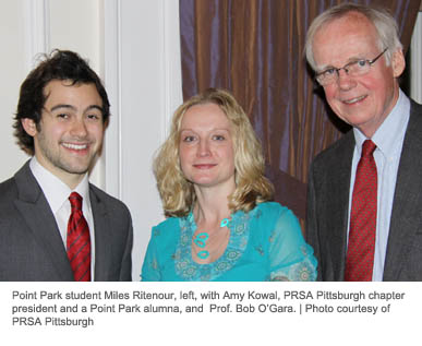 Advertising/public relations major Miles Ritenour with Amy Kowal, PRSA Pittsburgh chapter president, and Point Park Prof. Bob O'Gara. | Photo courtesy of PRSA Pittsburgh