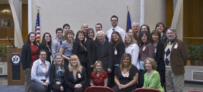Students on the Irish media trip meet with Dan Rooney, U.S. Ambassador to Ireland and chairman emeritus of the Pittsburgh Steelers. | Photo by Bethany Foltz