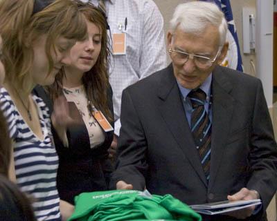 Students on the Irish media trip give Point Park gifts to Ambassador Dan Rooney during a meeting in Ireland. | Photo by Bethany Foltz