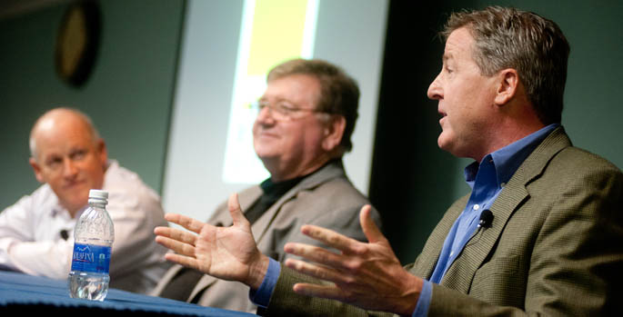 Pittsburgh sports announcers Bill Hillgrove, Greg Brown and Paul Steigerwald speak during the Voices of Pittsburgh sports event. Photo | Chris Rolinson