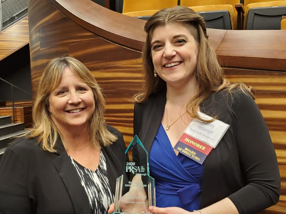 Lecturer Camille Downing and Stacey Federoff at the 2020 PRSA Pittsburgh awards ceremony. Submitted photo
