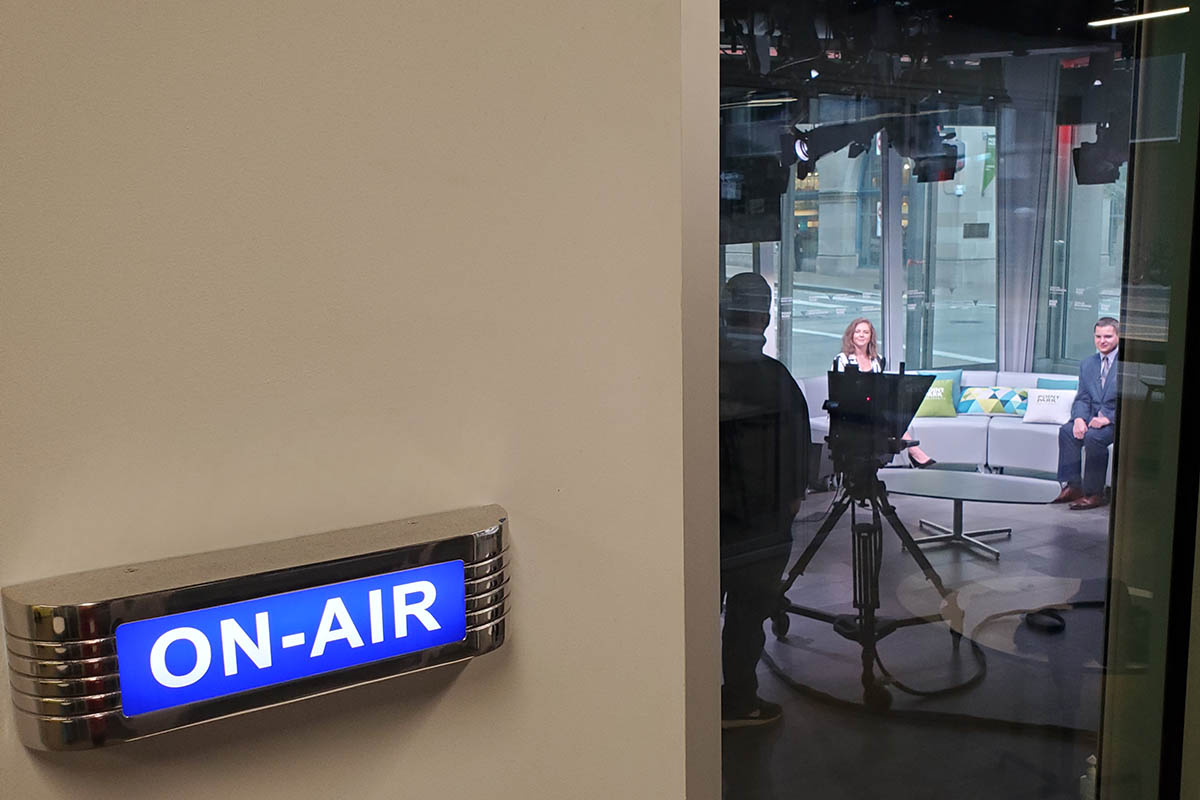 Students Taylor Spirito and Colton DeBiase tape a segment for election night coverage. Photo | Stacey Federoff