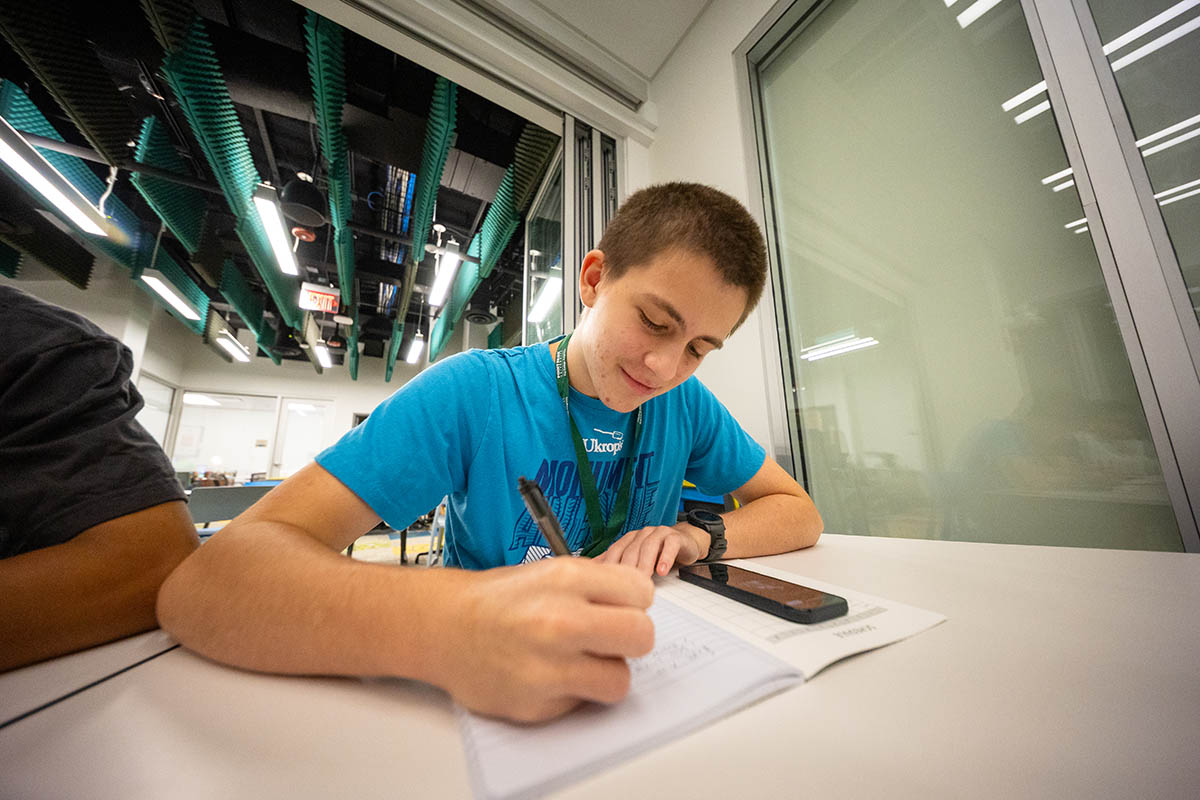 Students learn about sports broadcasting in the Center for Media Innovation. Photo | Paul Koontz