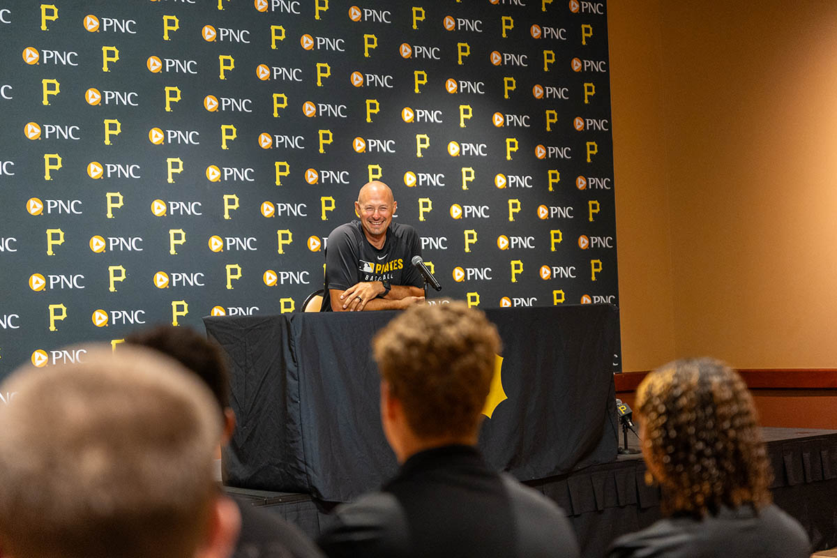 Alumnus Don Kelly, manager of the Pittsburgh Pirates, speaks to students at PNC Park. Photo | Paul Koontz
