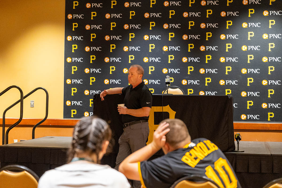 Brian Warecki, senior vice president of communications and broadcasting at the Pittsburgh Pirates, talks to students. Photo | Paul Koontz