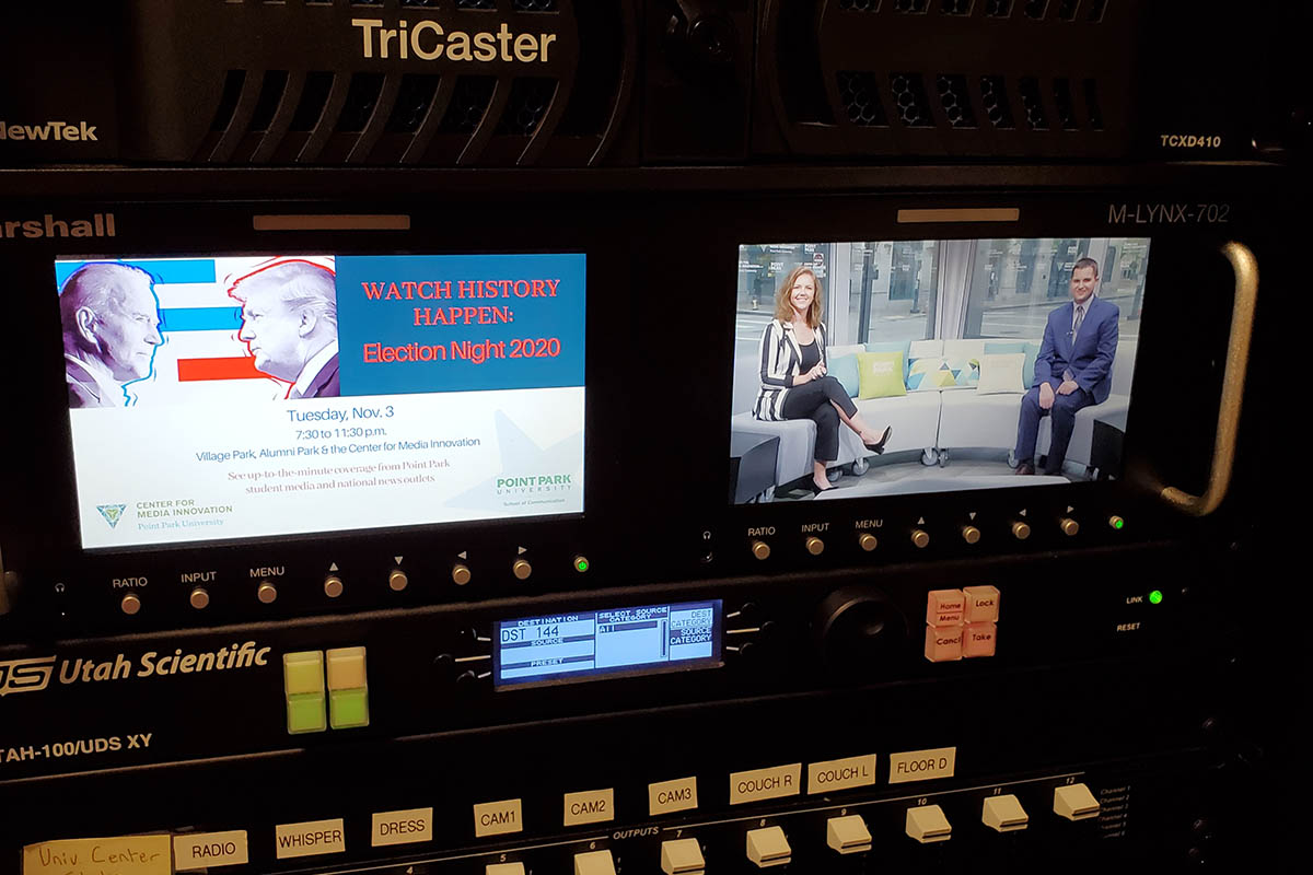 Students Taylor Spirito and Colton DeBiase tape a segment for election night coverage. Photo | Stacey Federoff