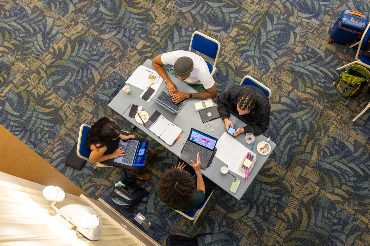 Overhead view of four students at a table.
