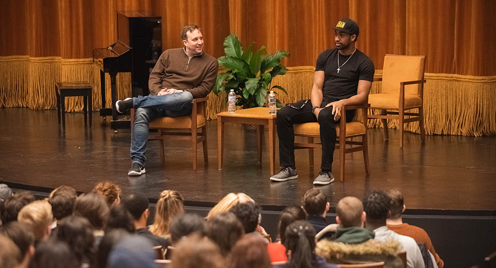 (Left to right) Peter Matthew Smith and Edred Utomi from "Hamilton" in the PNC Theatre at Point Park University. Photo | Nick Koehler