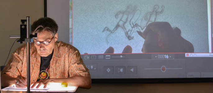 Associate Professor Pahl Hluchan leads an interactive session during the Traditional Animation Camp at Point Park. Photo | Connor Mulvaney