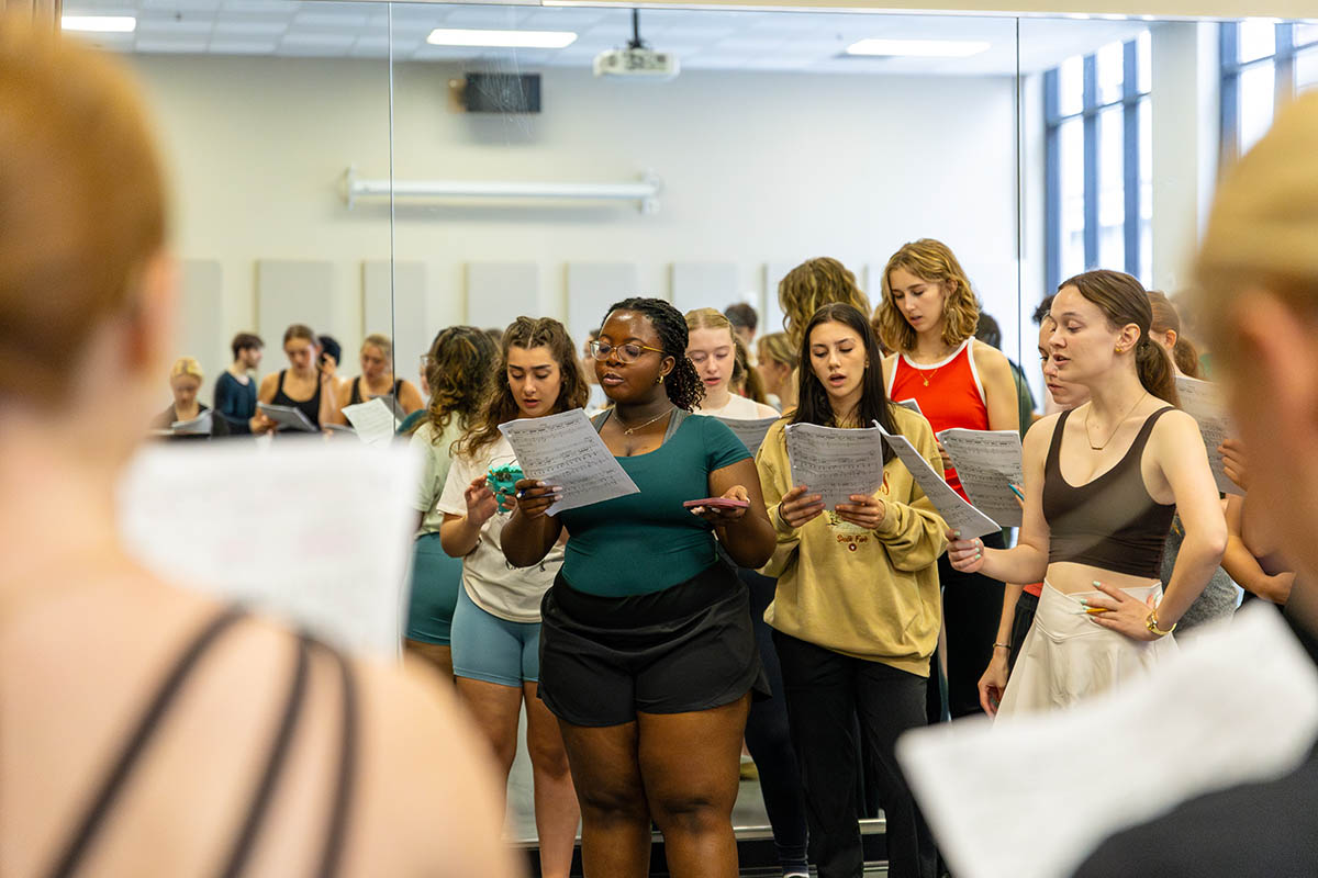 Students learn lyrics to a song from "Hamilton" during Shonica Gooden's master class. Photo | Paul Koontz
