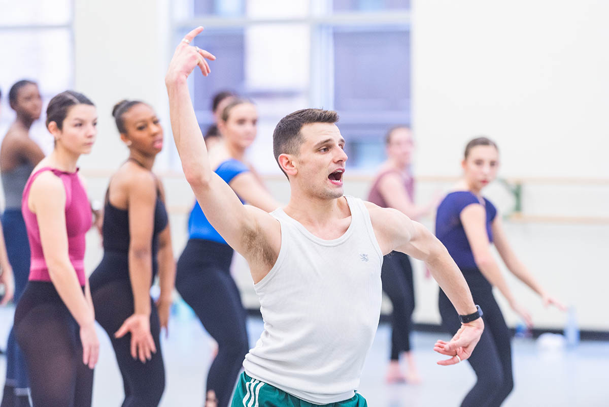 Dance alumnus Henry Steele leads a master class with Parsons Dance Company at the 2020 NHSDF. Photo | Nick Koehler