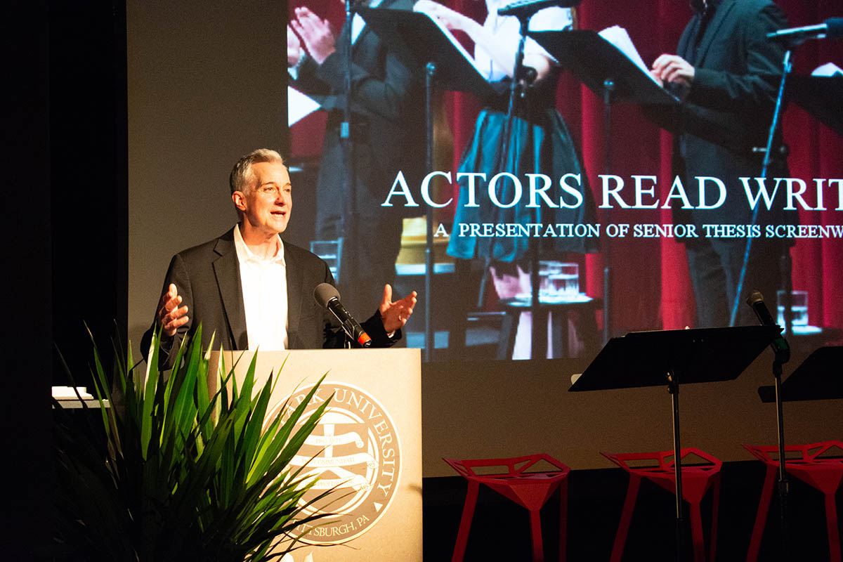 Pictured is Rick Hawkins at the Actors Read Writers Thesis event on campus.