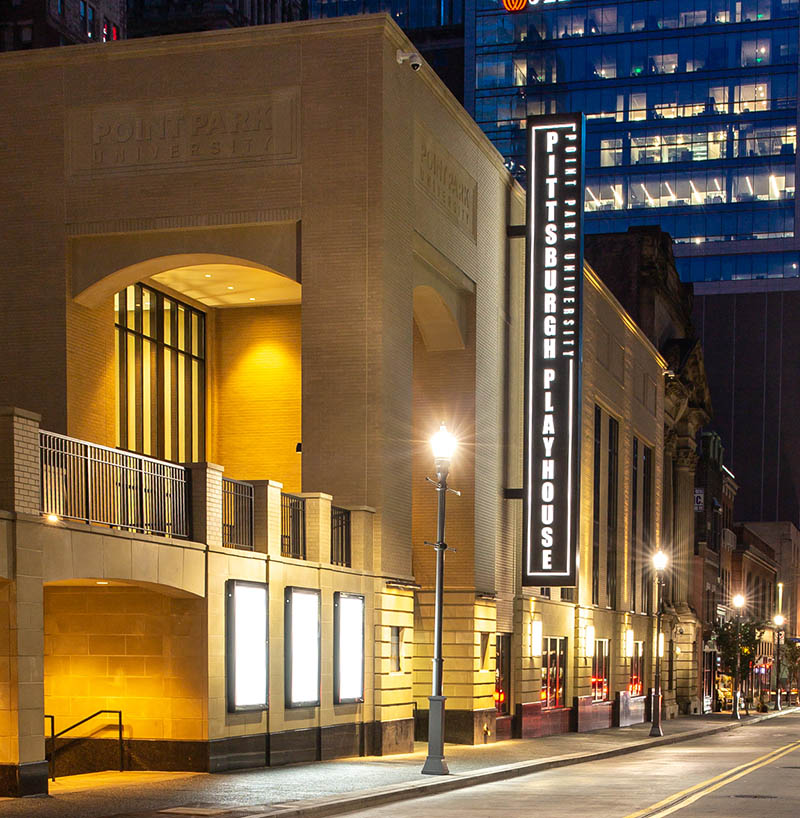 The Pittsburgh Playhouse at night. Photo | John Altdorfer