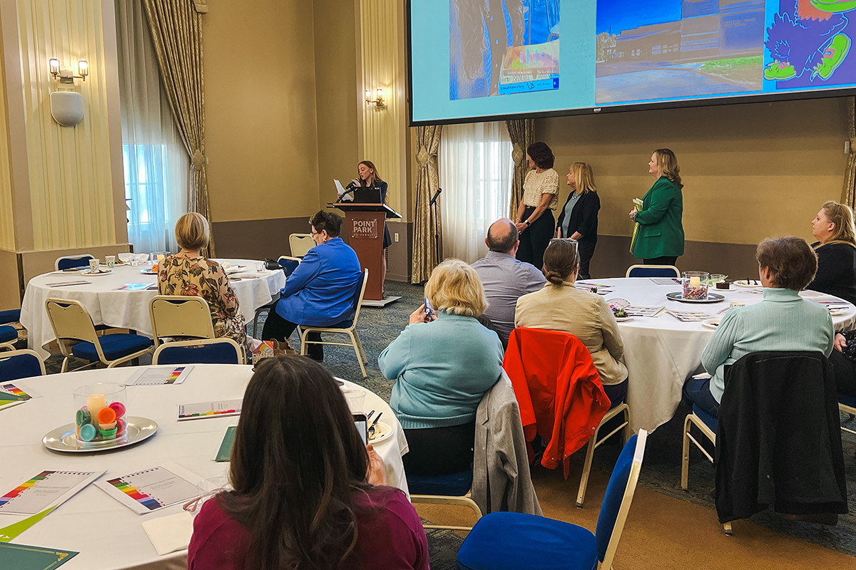 Pictured is Allie Plassio sharing remarks at the Celebration of Student Teaching. Photo by Nadia Jones.