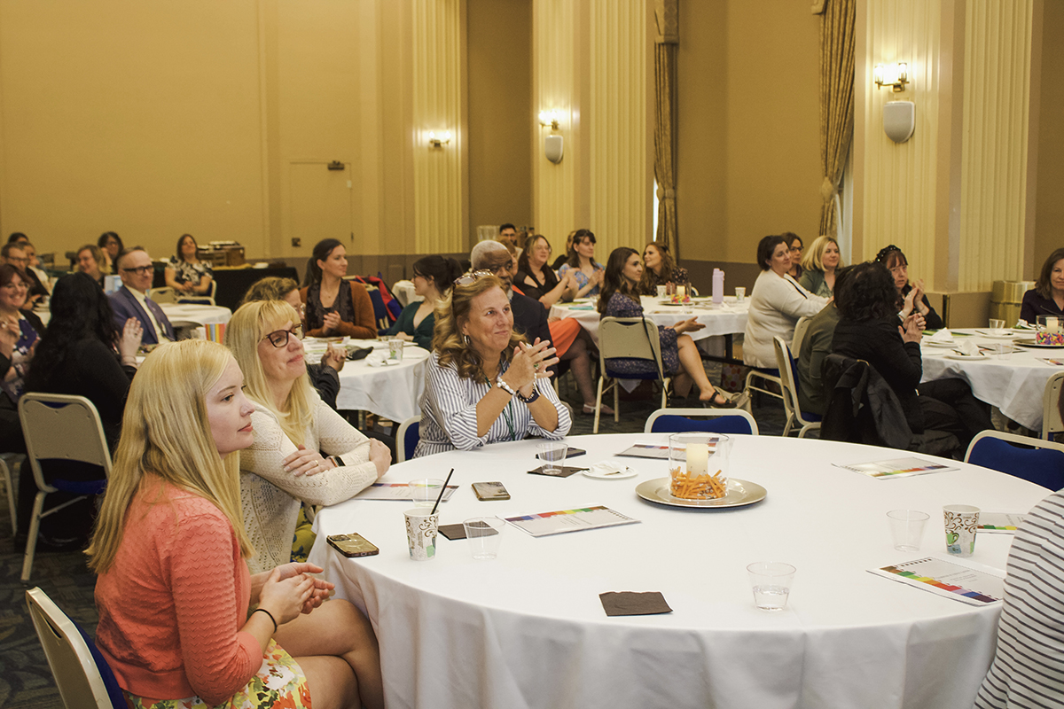 Pictured are faculty, students and their families at the Celebration of Student Teaching. Photo by Nadia Jones.