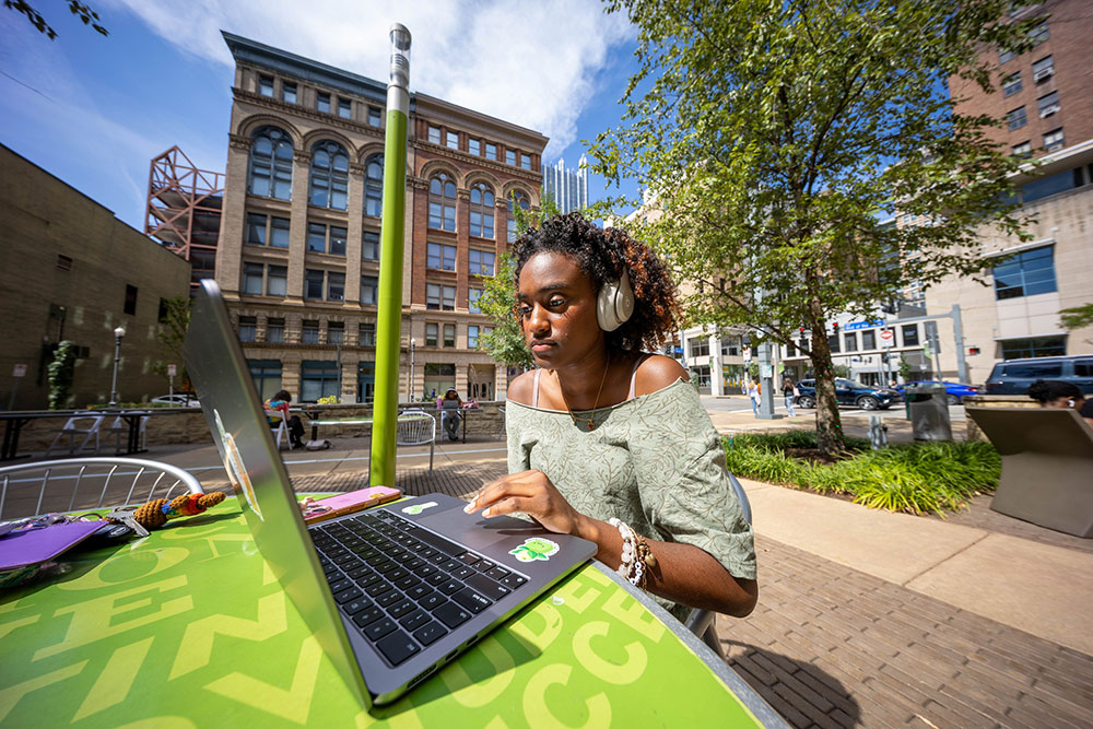 A student works on her laptop outside in Village Park.
