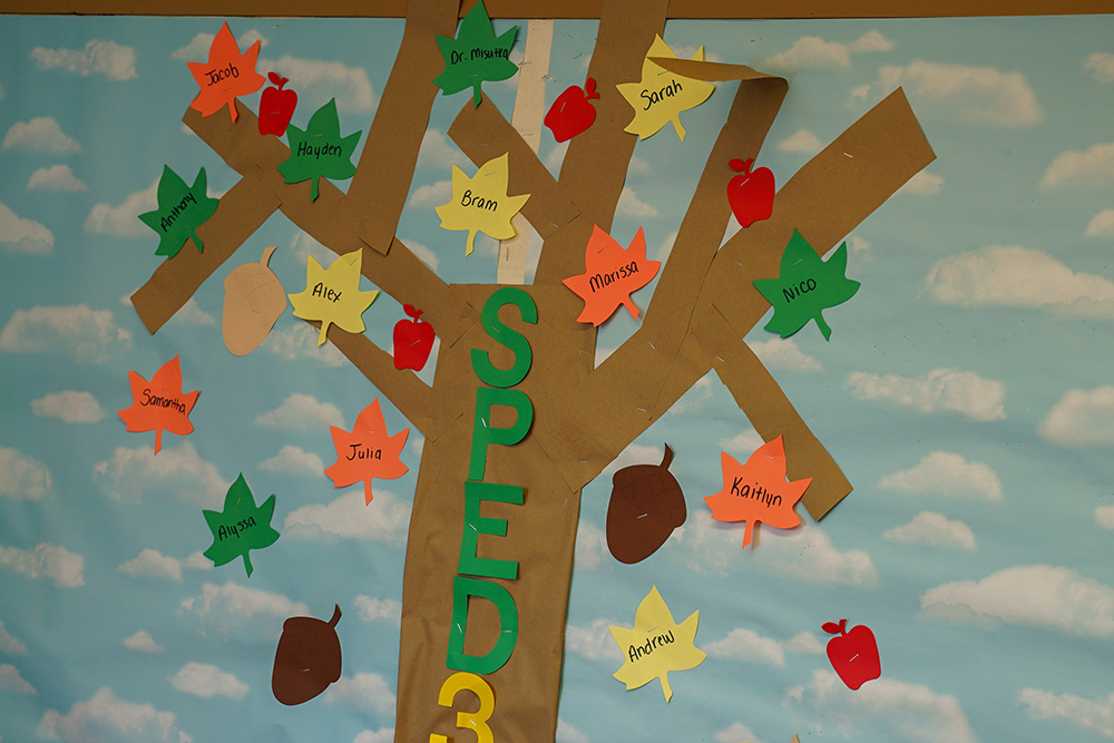Pictured is a fall-themed bulletin board with students' names. Photo courtesy of the Allegheny Intermediate Unit.
