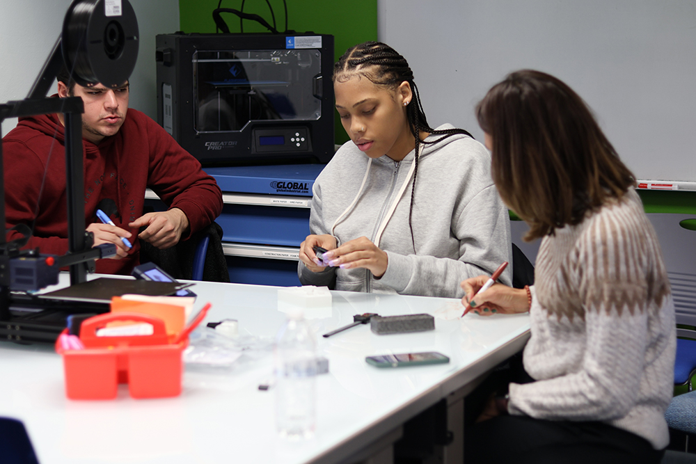 Pictured are Anthony DiGiannurio, Anani Debose and Kamryn York in Matt's Maker Space Lab. Photo by Natalie Caine.