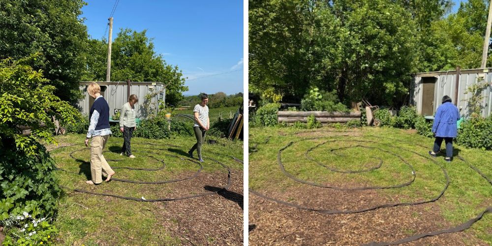 Pictured are Christl Edmunds and Vincenne Revilla Beltrán navigating a labyrinth at the Running Deer School. Submitted photo.