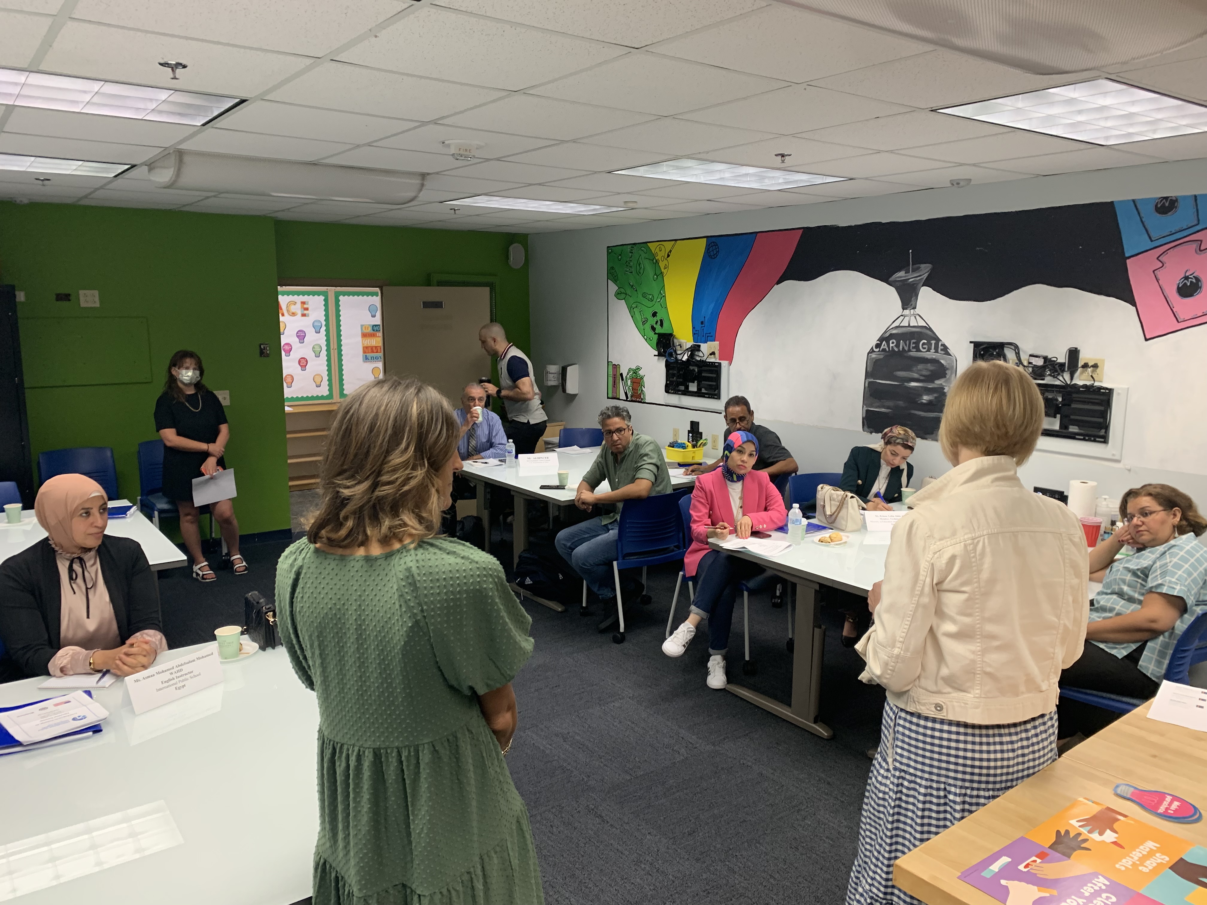 Pictured are educators from Egypt listening professors Kamryn York and Christal Edmunds speak in the Matt's Maker Space Lab at Point Park. Submitted photo.