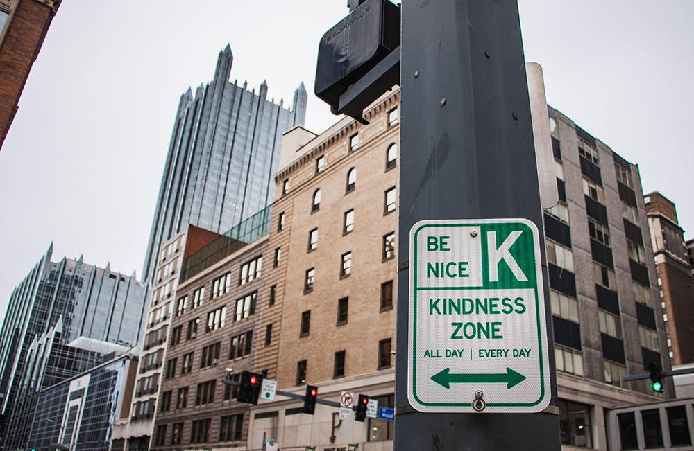 Pictured is a view of the Kindness Zone sign on Point Park's campus. Photo by Megan Gloeckler.