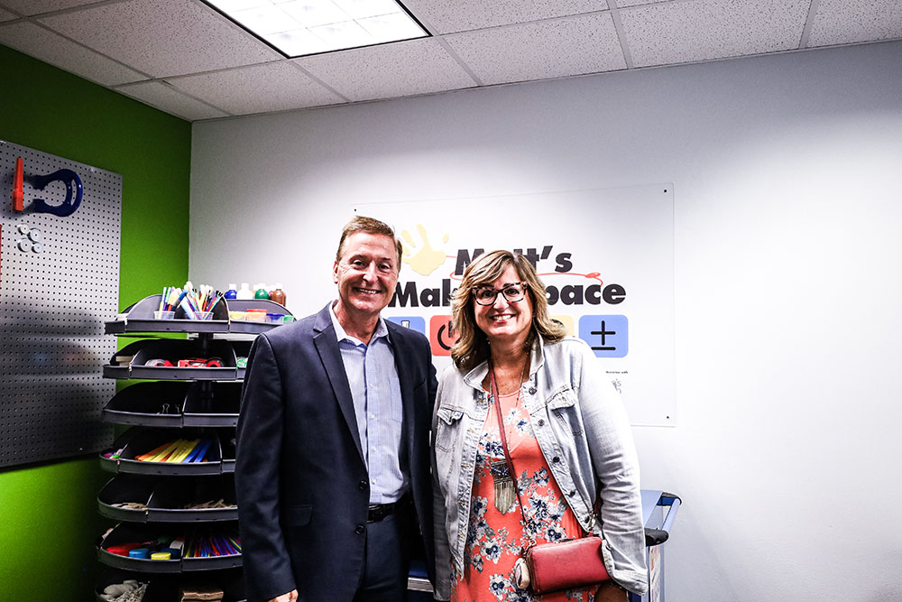 Pictured are Point Park President Donald Green and Matt's Maker Space Co-Founder Noelle Conover. Photo by Nathaniel Holzer.