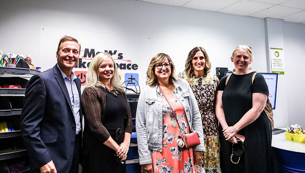 Pictured from left are Point Park President Donald Green, Associate Professor Virginia Chambers, Matt's Maker Space Co-Founder Noelle Conover, Lecturer of Education Kamryn York and Children's Museum Director of Design Anne Fullenkamp.. Photo by Nathaniel Holzer.