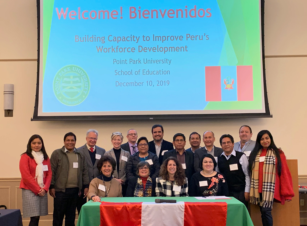 Pictured is the Peruvian delegation 2019 visit to Point Park. Photo by Amanda Dabbs