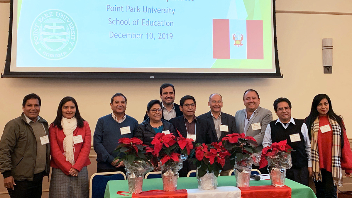 Pictured is the Peruvian delegation 2019 visit to Point Park. Photo by Amanda Dabbs