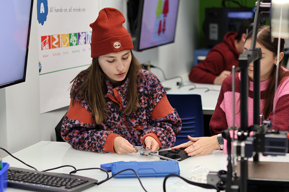 Pictured is Sarah Rock in Matt's Maker Space Lab. Photo by Natalie Caine.