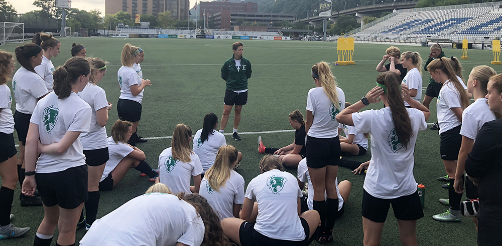 Pictured is Point Park's women's soccer coach Maggie Kuhn. Photo by Emilee Fails