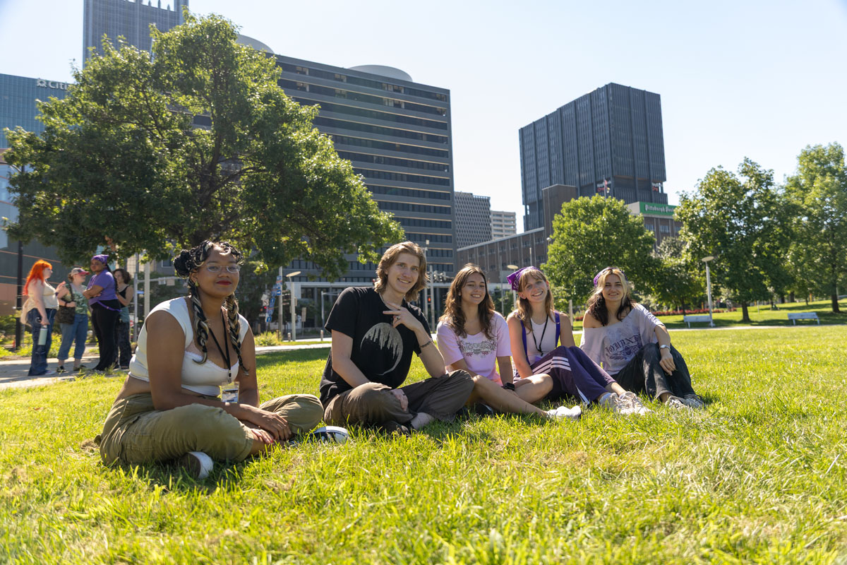 Students participate in games at Point State Park. 