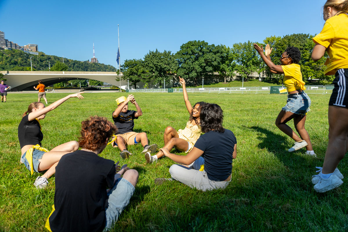 Students play a game at Point State Park.