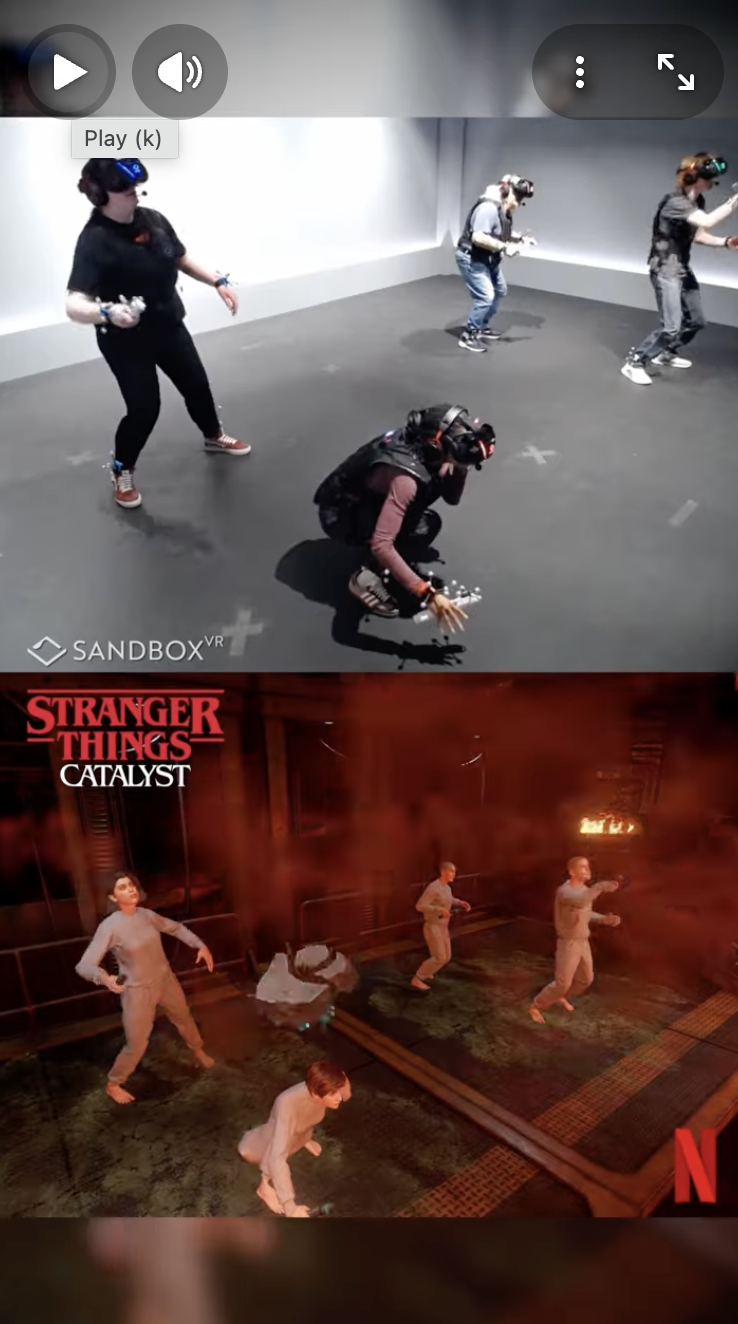 A split screen video that shows people in real life on the top an in VR on the bottom.