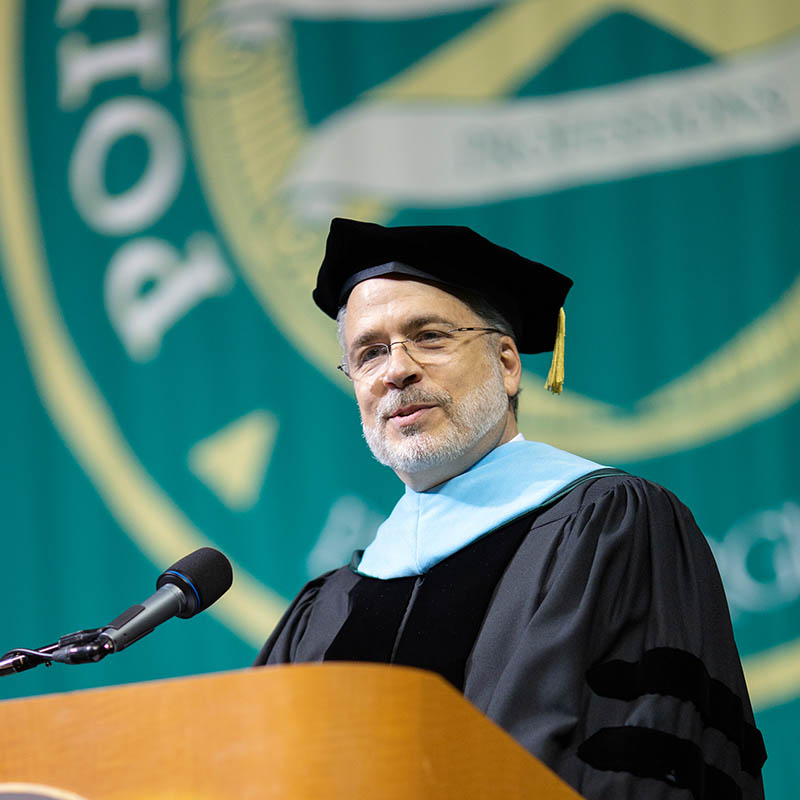 Pictured is Jim Ice, Ed.D., keynote speaker at 2018 Hooding and Degree Conferral.