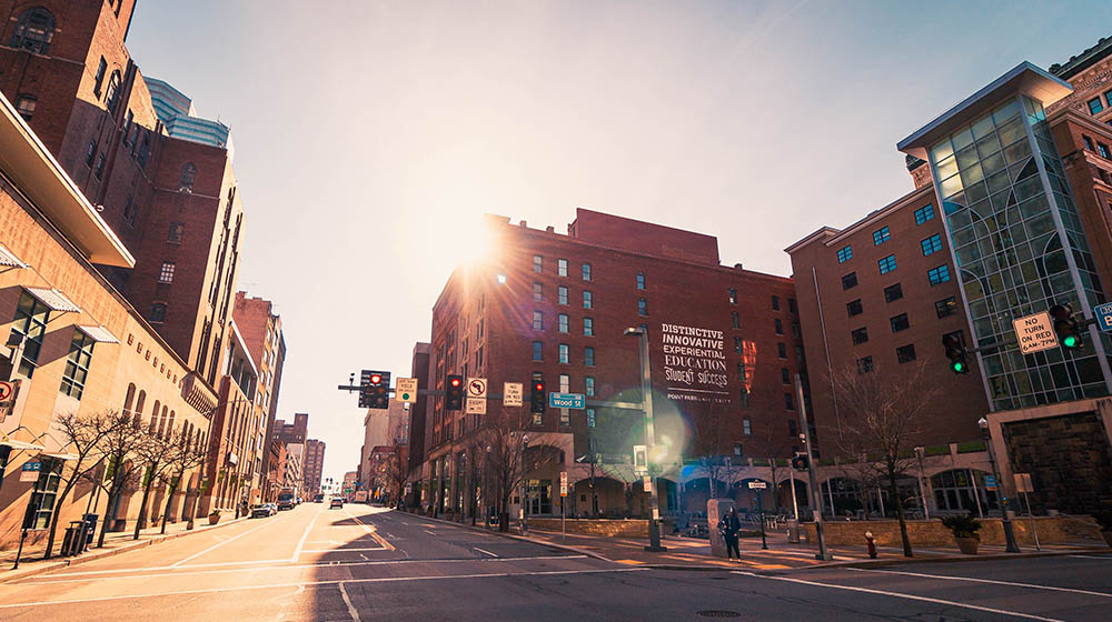 A photo of campus from the Boulevard of the Allies. Photo | Nathaniel Holzer