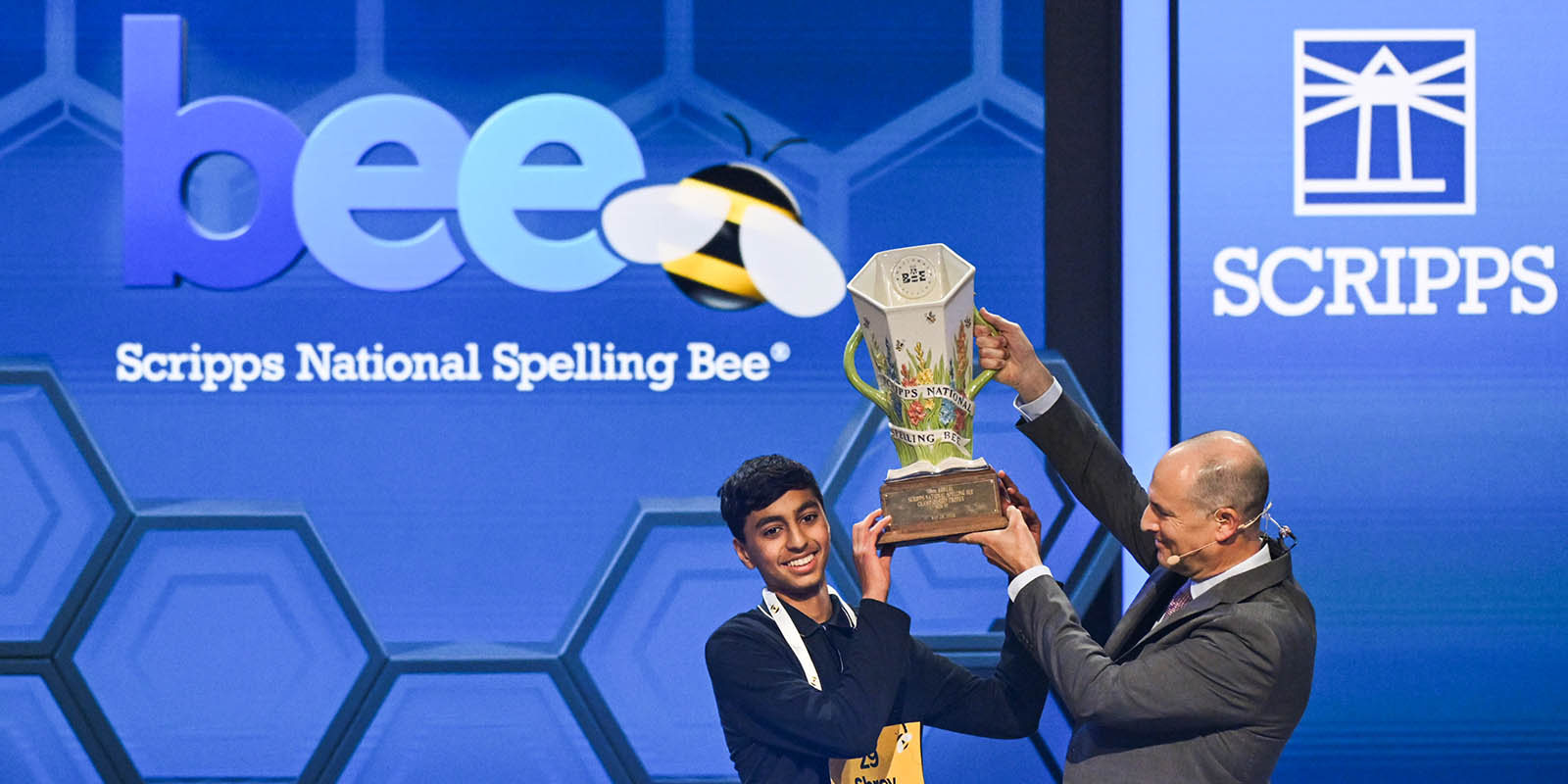 Washington, DC - May 28: Speller 29, Shrey Parikh of San Bernardino, California, representing Day Creek Intermediate School, wins the 2026 Scripps National Spelling Bee in Washington, DC on Thursday, May 28, 2026. Photo: Hannah Foslien/Scripps National Spelling Bee