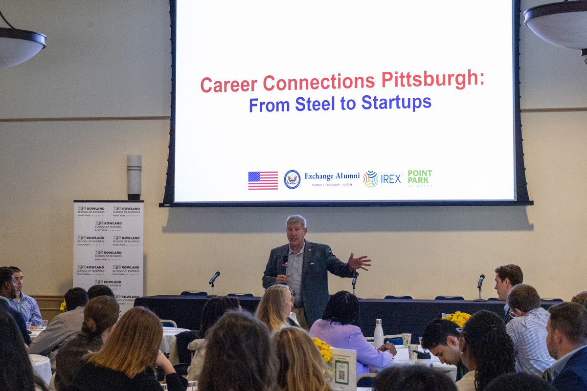 Point Park University President Chris Brussalis speaks at the 2026 Career Connections event on Sept. 26, 2026.