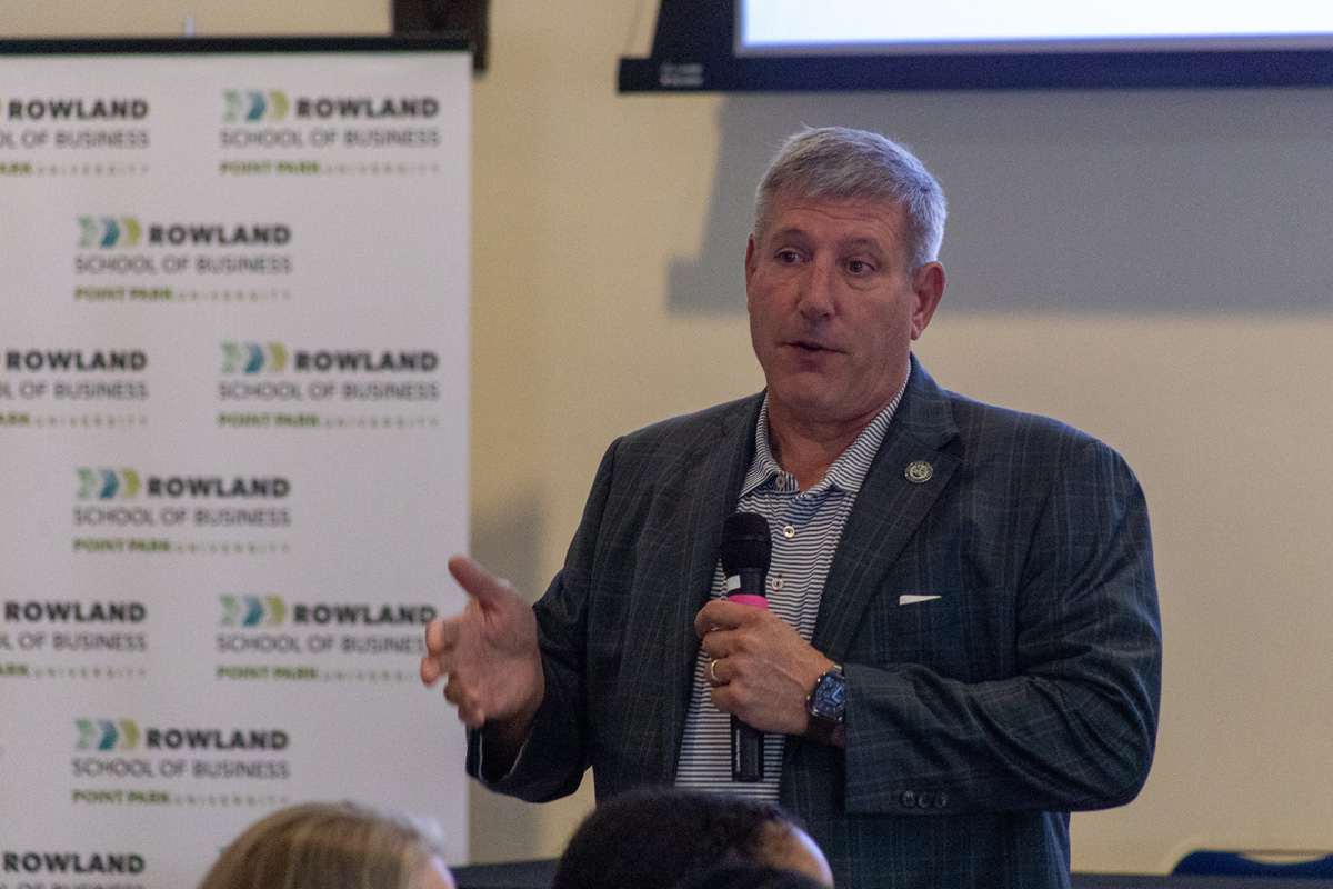 Point Park University President Chris Brussalis speaks at the 2026 Career Connections event on Sept. 26, 2026.