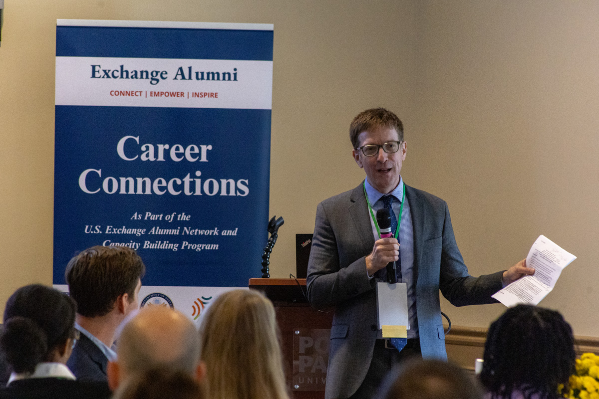 Geoff Anisman, Deputy Assistant Secretary for Preservation and Global Platforms at the U.S. State Department's Bureau of Educational and Cultural Affairs, speaks at the 2026 Career Connections event on Sept. 26, 2026.