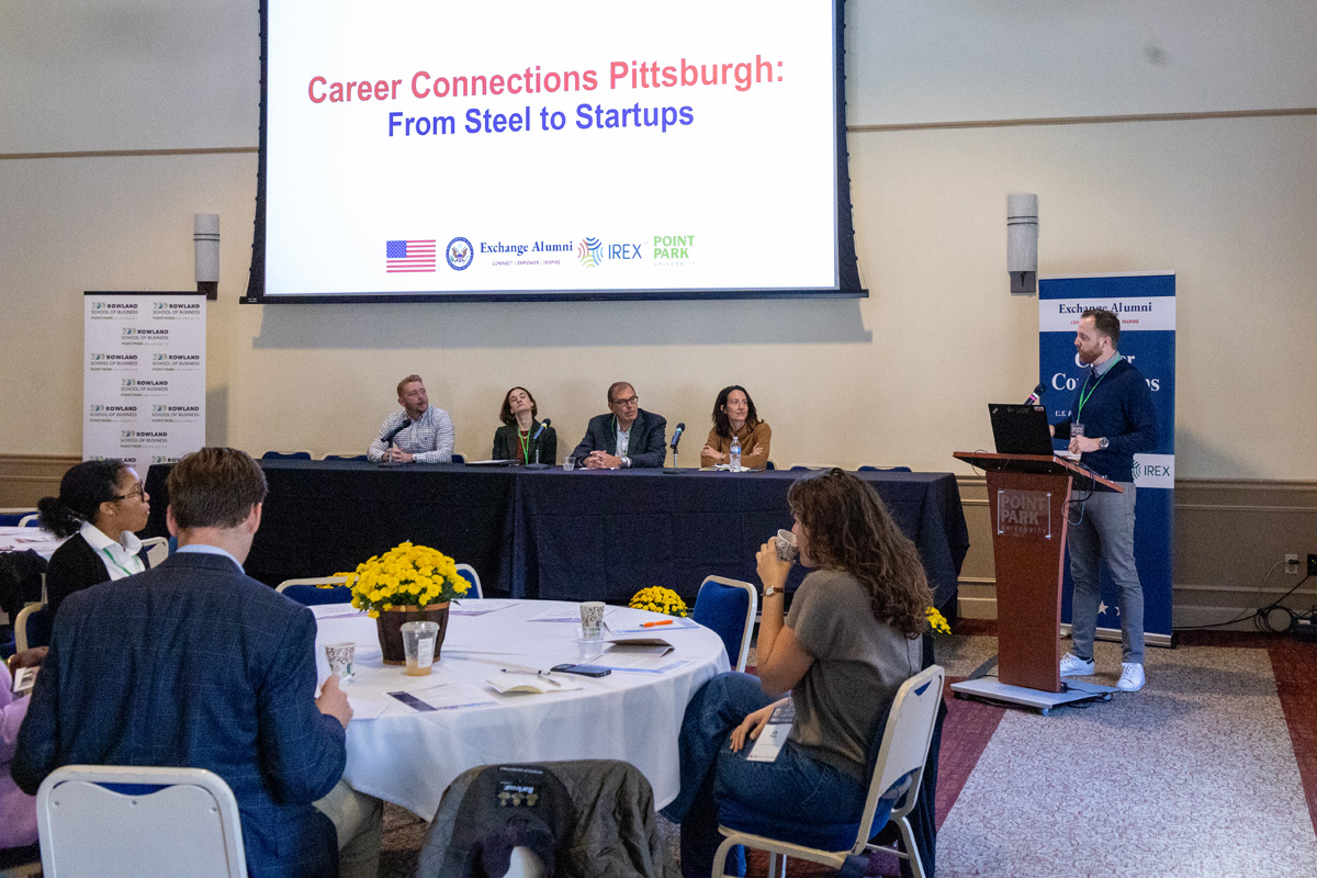 A panel of local business leaders discuss entrepreneurship within Pittsburgh at the 2026 Career Connections event on Sept. 26, 2026.