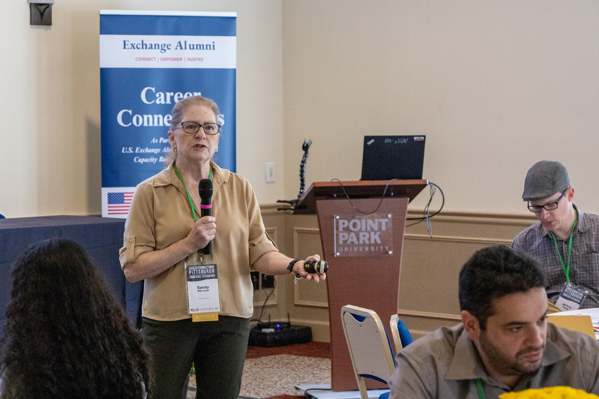 Sandra Mervosh, M.S., a professor in the Rowland School of Business, speaks at the 2026 Career Connections event on Sept. 26, 2026.