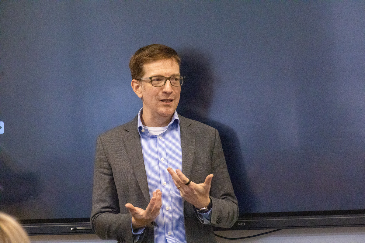 Geoff Anisman, deputy assistant secretary for Preservation and Global Platforms at the U.S. State Department's Bureau of Educational and Cultural Affairs, speaks to Point Park University students in the Michael P. Pitterich Sales and Innovation Center on Sept. 24, 2026.