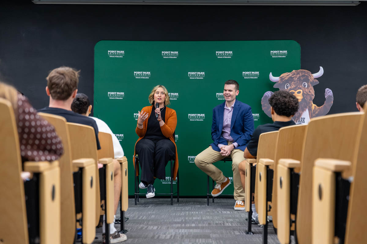 National State Teachers of the Year Joe Welch and Maddie Loring at the School of Education's Voices of Excellence in Education Speaker Series.