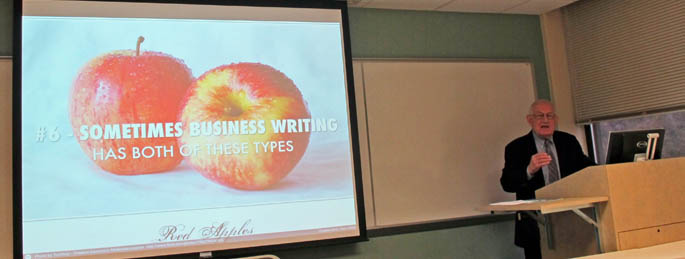 Pictured is Edward Wachter, Jr., J.D., presenting at a seminar for graduate students on effective business writing. | Photo by Amanda Dabbs