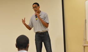 A student at the Accounting Career Awareness Program at Point Park practices his public speaking skills. | Photo by Connor Mulvaney