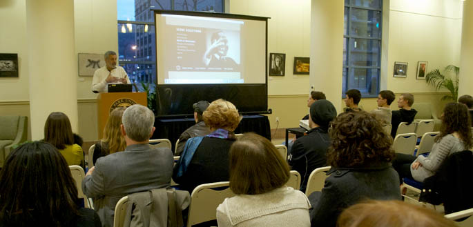 Ed Meena, professor of history, gives a talk as part of Point Park's Day of Dreams activities on Martin Luther King Jr. Day, Jan. 16, 2012. | Photo by Leah Irwin