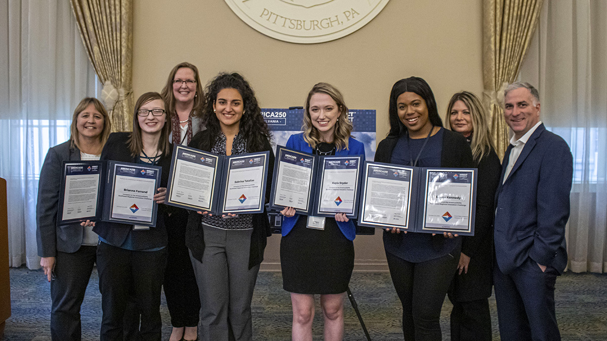 Pictured is the America250PA competition at Point Park University. Photos by Alexander Grubbs, '18, broadcast reporting alumnus and MBA student; Lou Corsaro and the United States Postal Service.