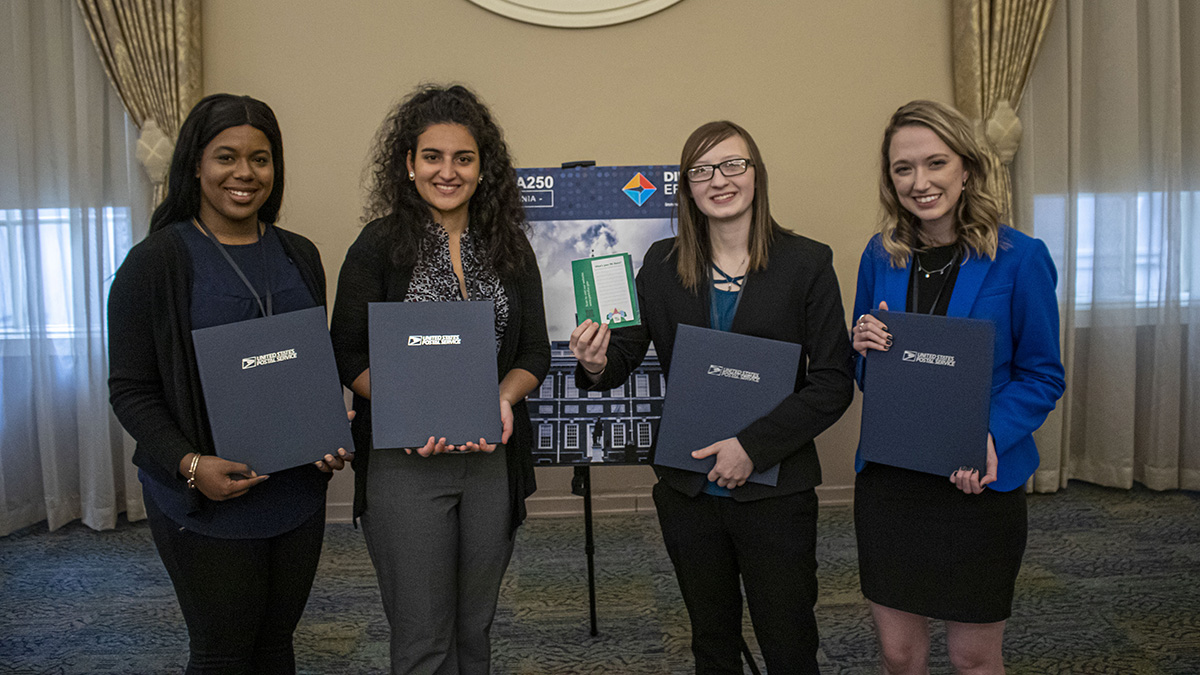 Pictured is the America250PA competition at Point Park University. Photos by Alexander Grubbs, '18, broadcast reporting alumnus and MBA student; Lou Corsaro and the United States Postal Service.