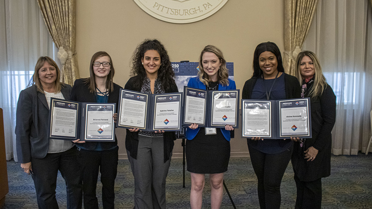 Pictured is the America250PA competition at Point Park University. Photos by Alexander Grubbs, '18, broadcast reporting alumnus and MBA student; Lou Corsaro and the United States Postal Service.